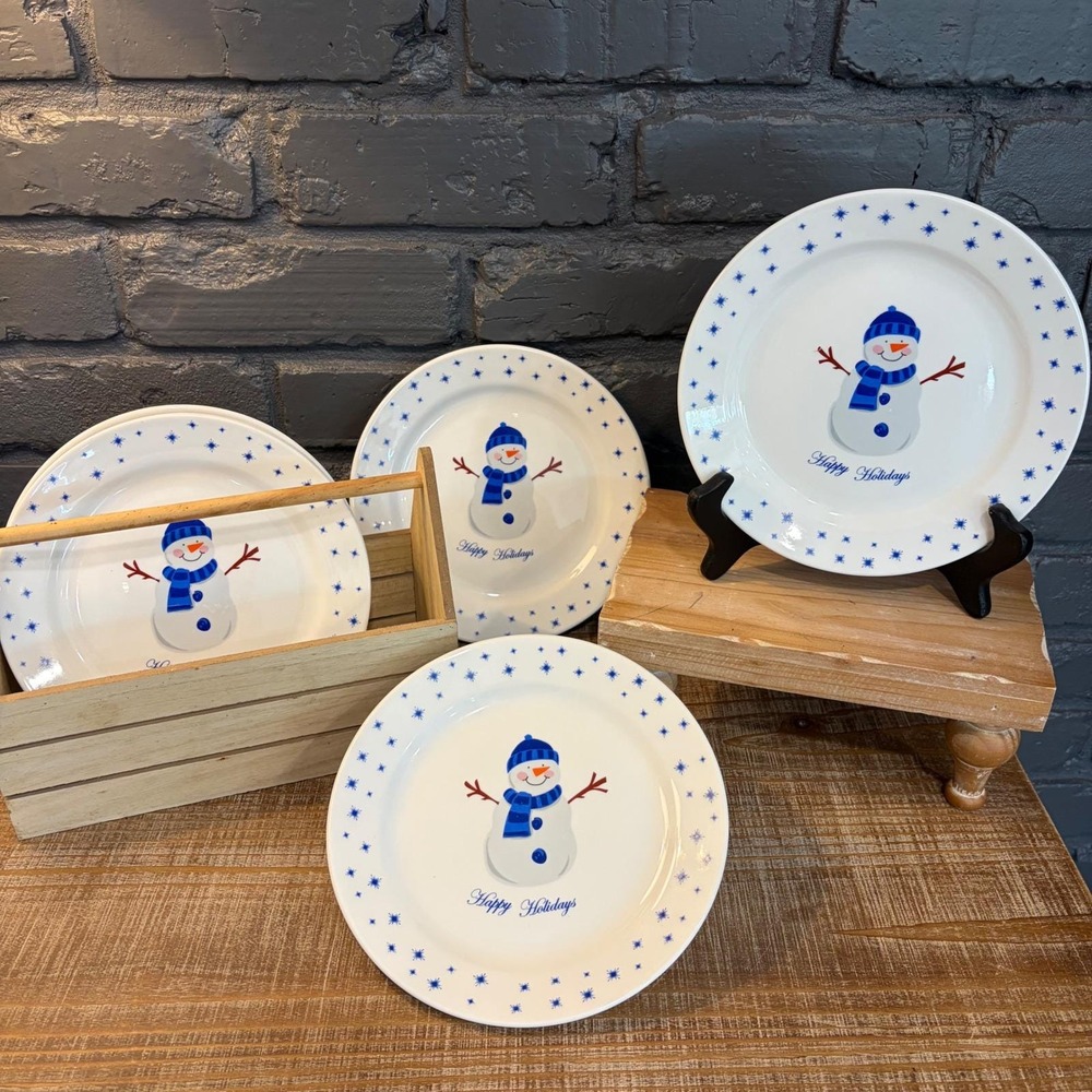 Pacific Island Creations Snowman Happy Holidays Plates Set of 6 Blue White 8in